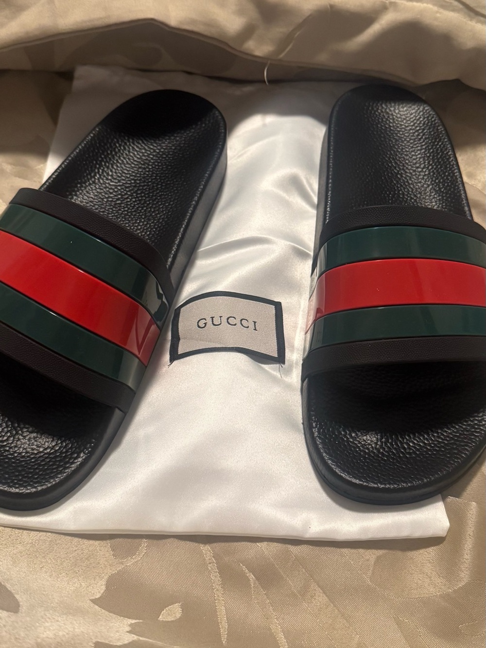 Gucci Black Slides with Green and Red Web Stripes